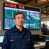 东莞某精密制造企业生产厂长赵志刚在车间监控中心前的工作照，背后是BG视讯安装的拼接大屏